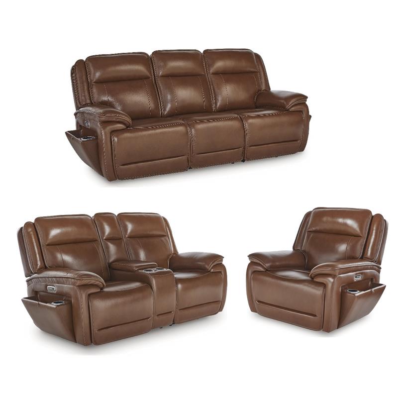 Bowery Hill Reclining Sofa Set with Power Features in Brown Leather Upholstered