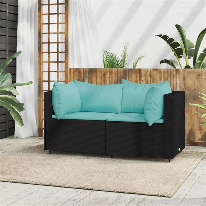 Bowery Hill Contemporary Synthetic Poly Rattan Patio Corner Sofa in Black