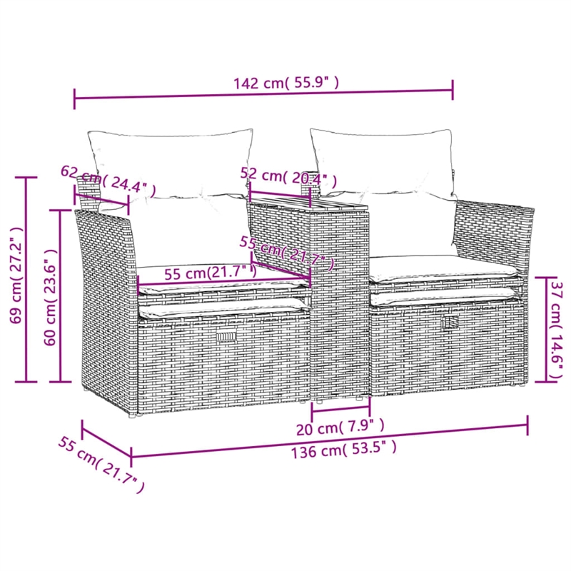 Bowery Hill 2-Seater PE Rattan Garden Sofa With Adjustable Feet in Gray