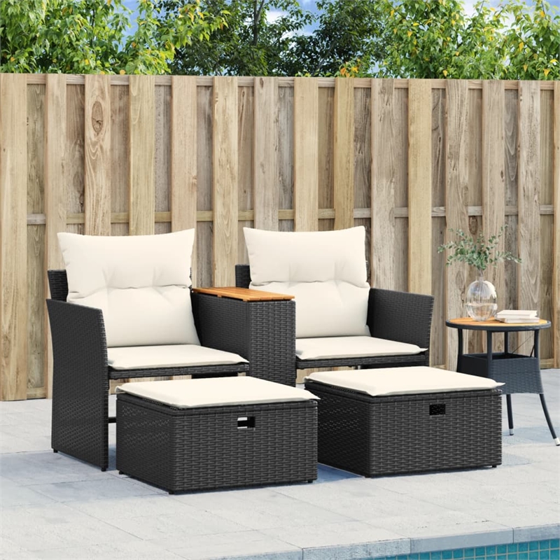 Bowery Hill PE Rattan Garden Sofa With Adjustable Feet in Black