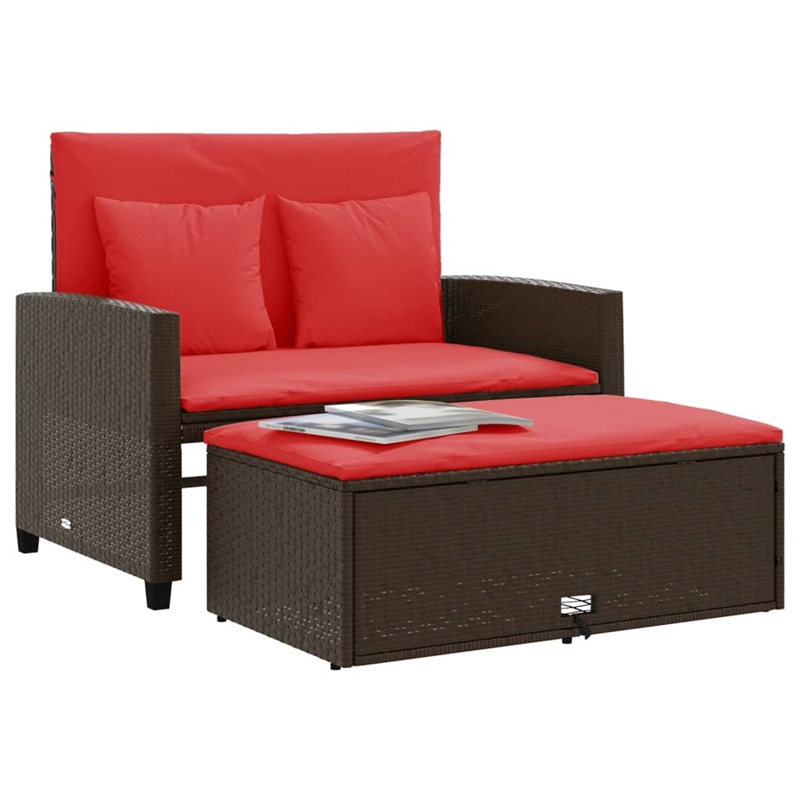 Bowery Hill Contemporary 2-Seater Poly Rattan Patio Sofa in Brown & Red