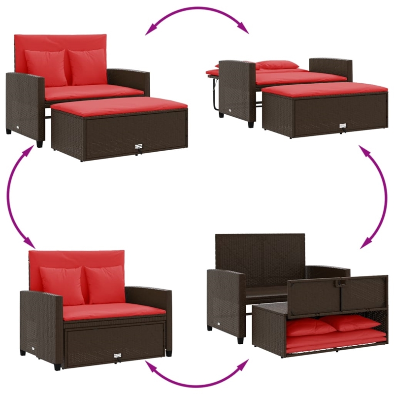 Bowery Hill Contemporary 2-Seater Poly Rattan Patio Sofa in Brown & Red