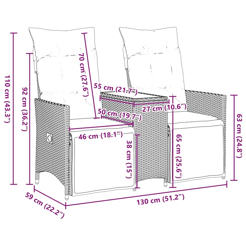 Bowery Hill 2-Seater Poly Rattan Reclining Patio Sofa With Table in Gray