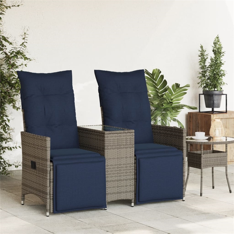 Bowery Hill 2-Seater Poly Rattan Reclining Patio Sofa With Table in Gray