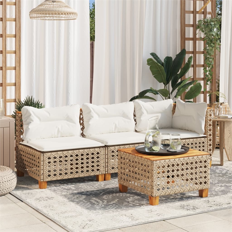 Bowery Hill Poly Rattan Patio Armless Sofa With Cushions in Beige