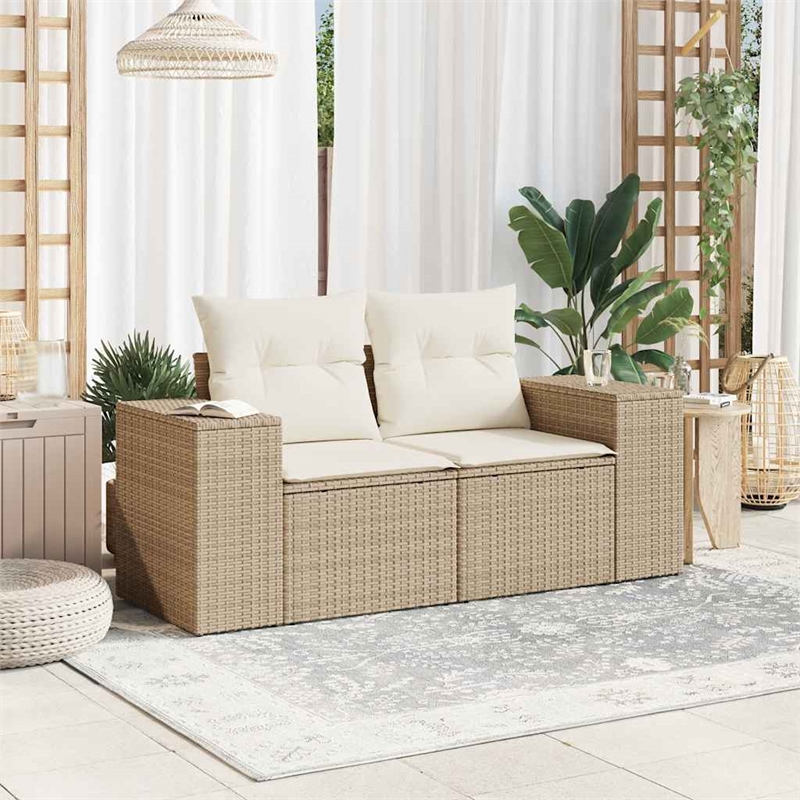 Bowery Hill 2-Seater Poly Rattan Garden Sofa With Adjustable Legs in Beige