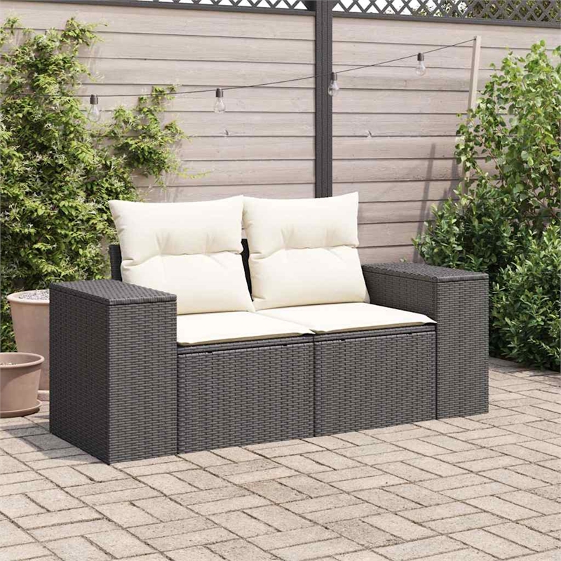 Bowery Hill Poly Rattan And Powder-Coated Steel Garden Sofa in Black And Cream