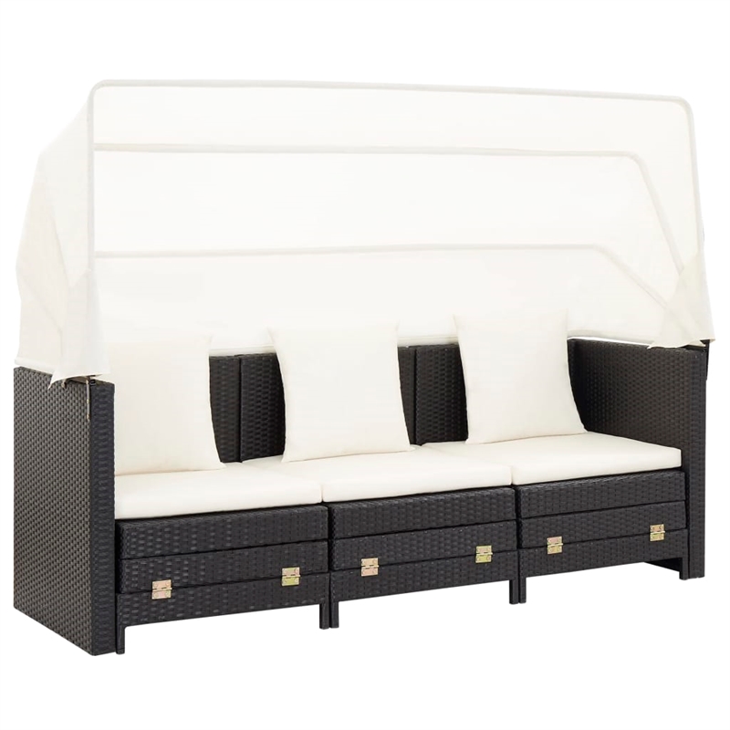 Bowery Hill 3-Seater Poly Rattan Sofa Bed With Adjustable Armrests in Black