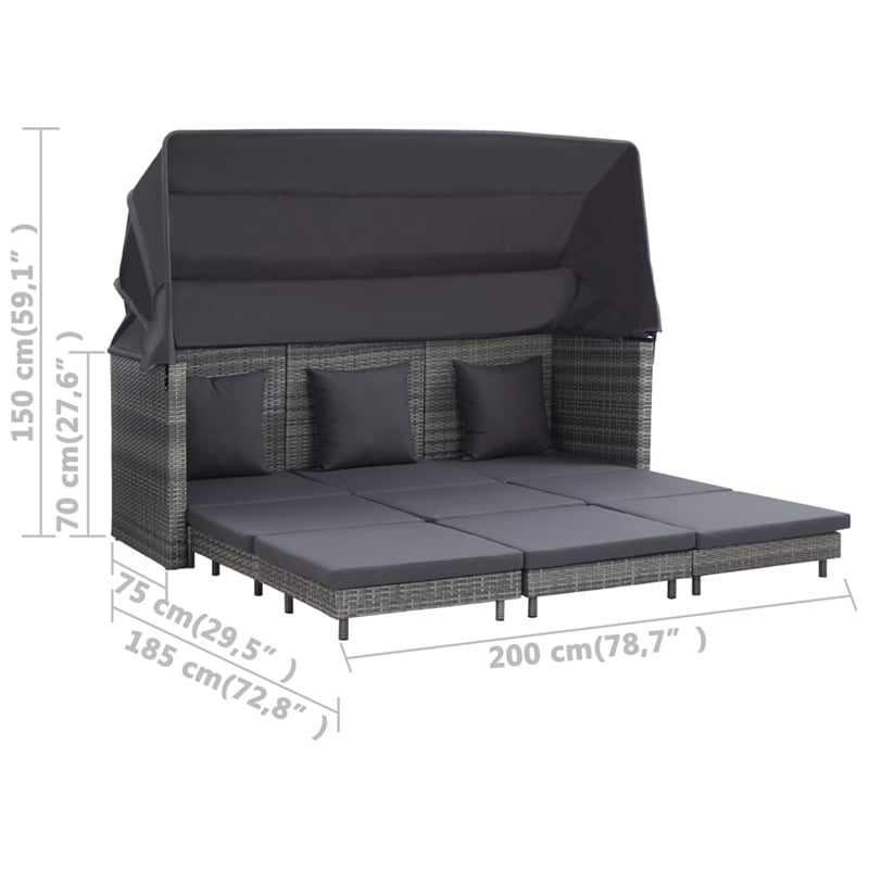 Bowery Hill Extendable 3-Seater Poly Rattan Sofa Bed With Roof in Gray