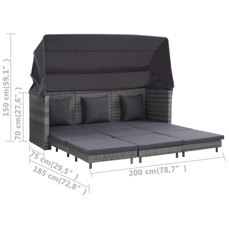 Bowery Hill Extendable 3-Seater Poly Rattan Sofa Bed With Roof in Gray