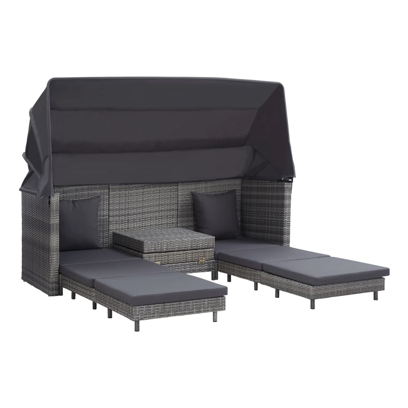 Bowery Hill Extendable 3-Seater Poly Rattan Sofa Bed With Roof in Gray