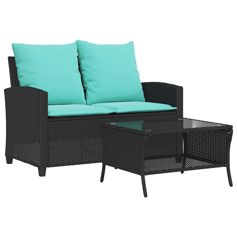 Bowery Hill 2-Seater Poly Rattan Patio Sofa With Cushions And Table in Black