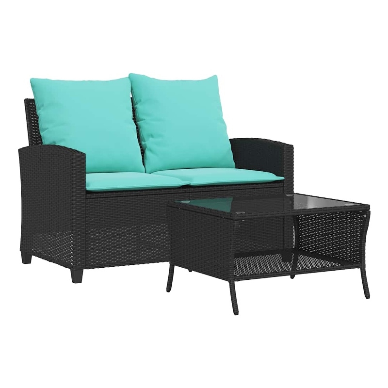 Bowery Hill 2-Seater Poly Rattan Patio Sofa With Cushions And Table in Black
