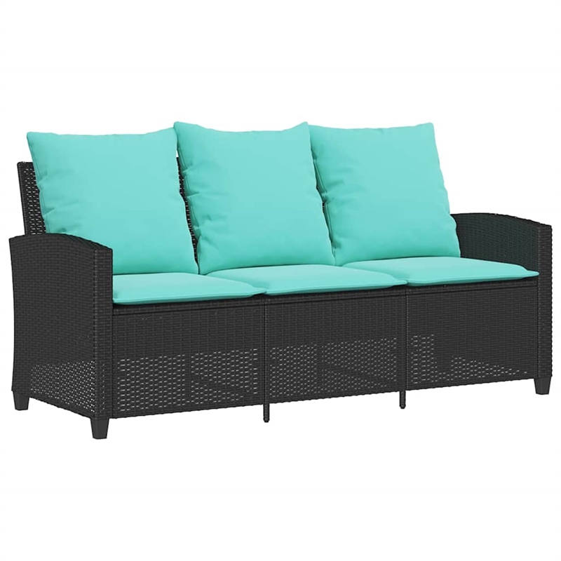 Bowery Hill 3-Seater Poly Rattan Patio Sofa With Cushions And Table in Black