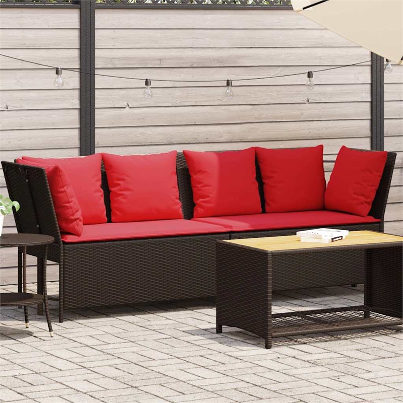Bowery Hill Contemporary Synthetic Poly Rattan Patio Sofa in Brown And Red