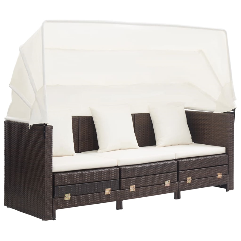 Bowery Hill 3-Seater Poly Rattan & Powder-Coated Steel Sofa Bed in Brown & Cream
