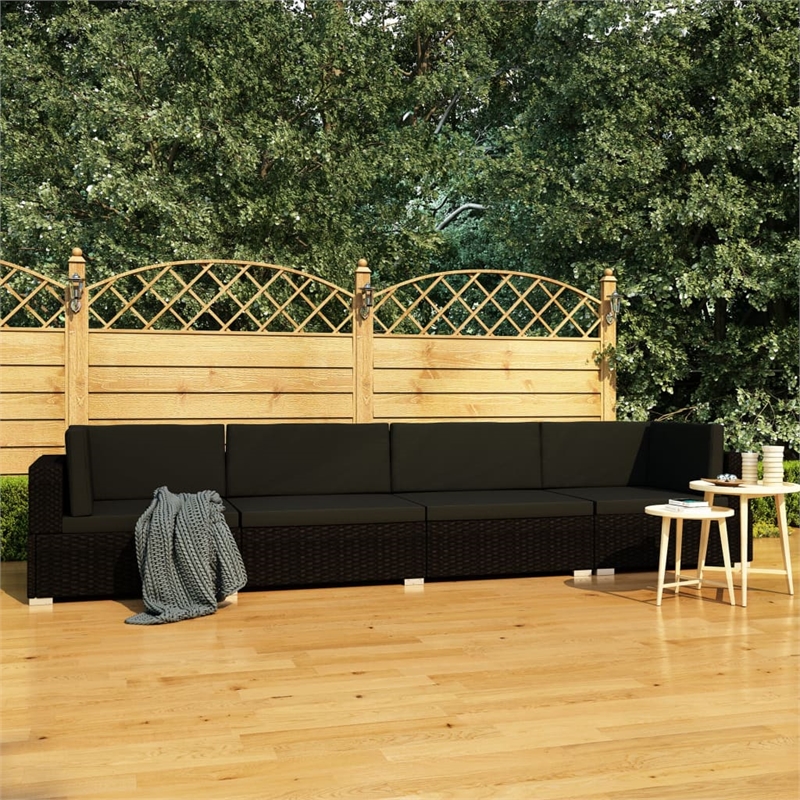 Bowery Hill Standard PE Rattan Patio Sofa With Adjustable Armrests in Black