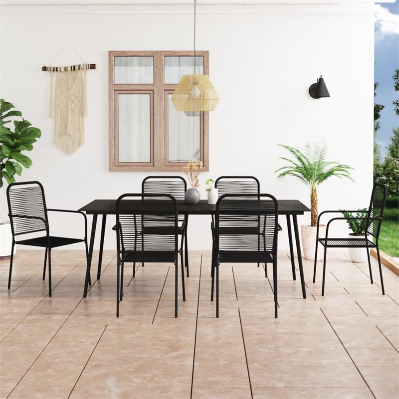 Bowery Hill Cotton Rope/Powder-Coated Steel/Tempered Glass Dining Set in Black
