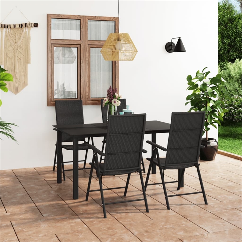 Bowery Hill 5 Piece PE Rattan Dining Set with Adjustable Armrests in Black