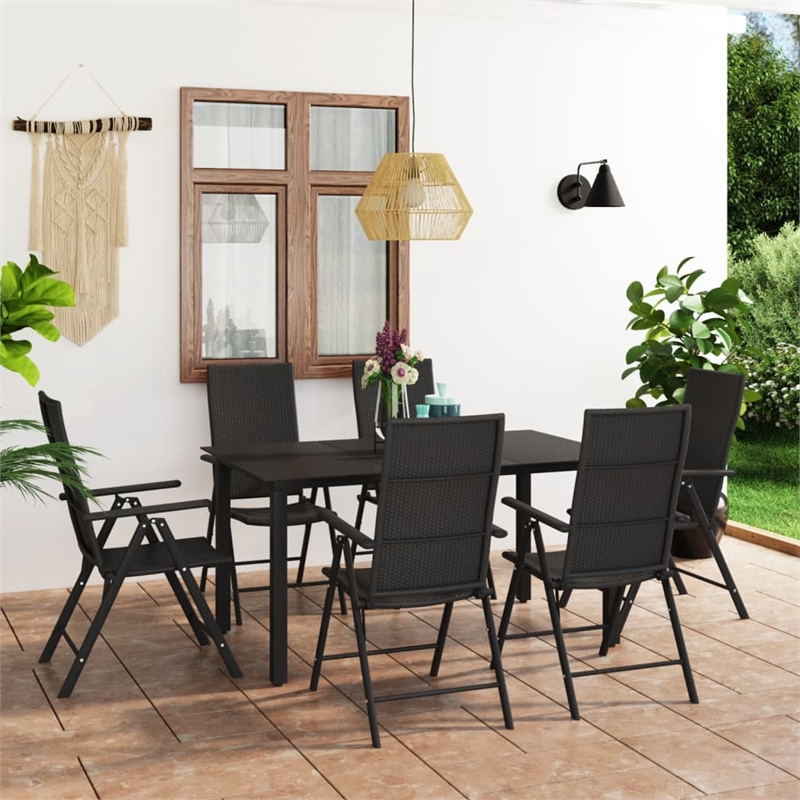 Bowery Hill PE Rattan/Glass/Aluminum Standard Foldable Dining Set in Black