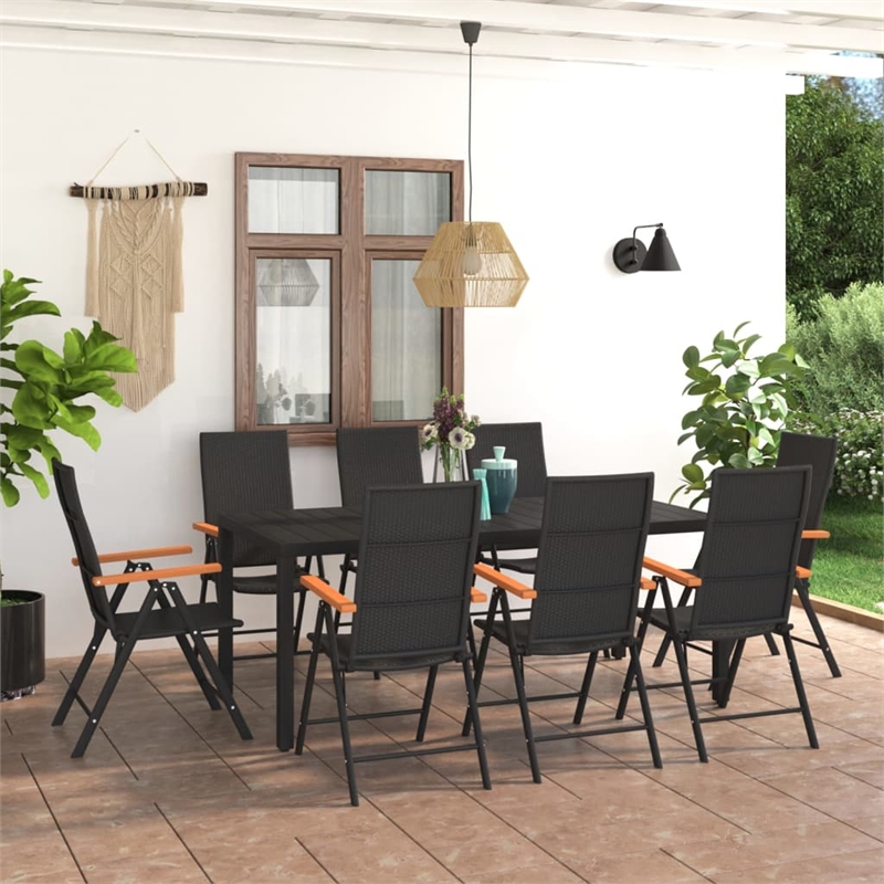 Bowery Hill Contemporary PE Rattan Large Dining Set in Black/Brown