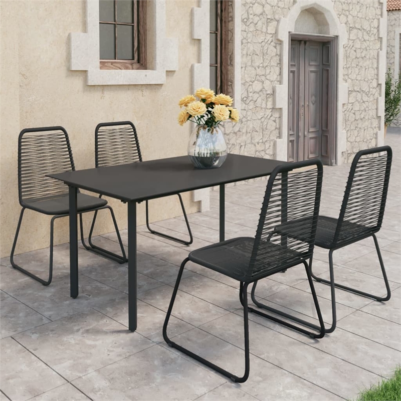Bowery Hill 5 Piece PVC Rattan/Powder-Coated Steel/Glass Dining Set in Black
