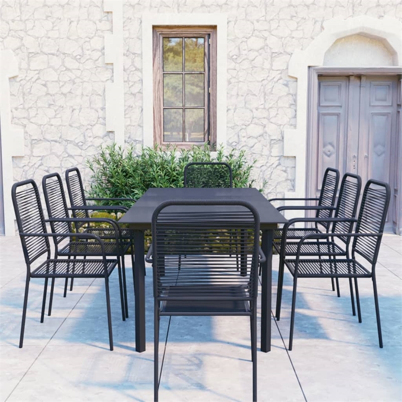 Bowery Hill Powder-Coated Steel/Glass/Cotton Rope Garden Dining Set in Black