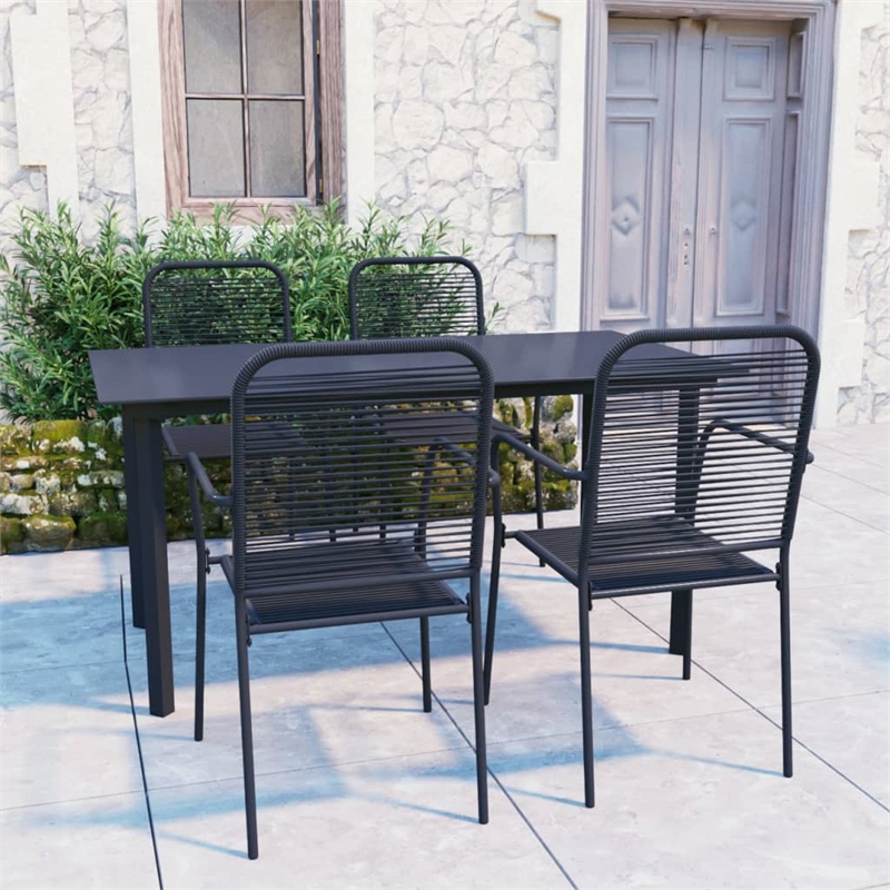Bowery Hill Powder-Coated Steel/Glass/Cotton Rope Garden Dining Set in Black