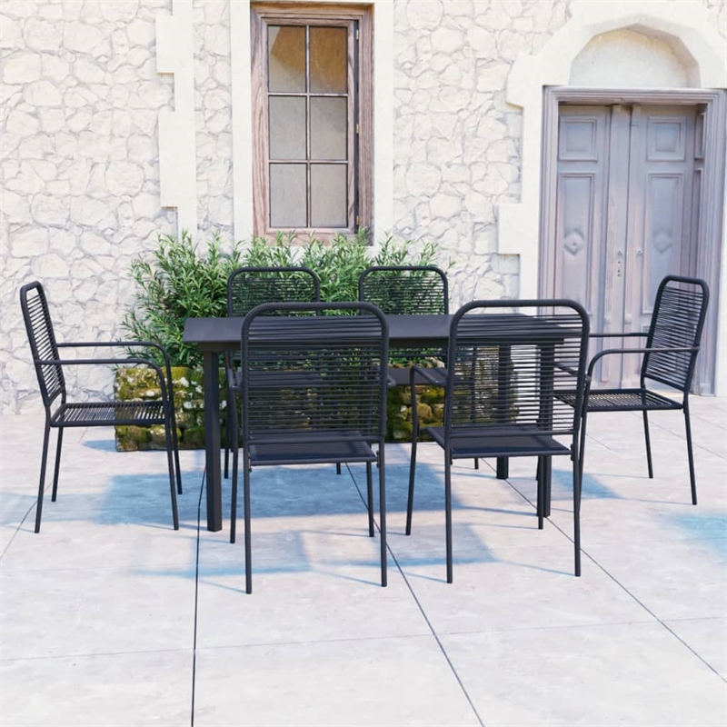 Bowery Hill Powder-Coated Steel/Glass/Cotton Rope Garden Dining Set in Black