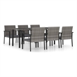 Bowery Hill Dining Set in Gray and Black Poly Rattan/Powder-Coated Steel/Glass
