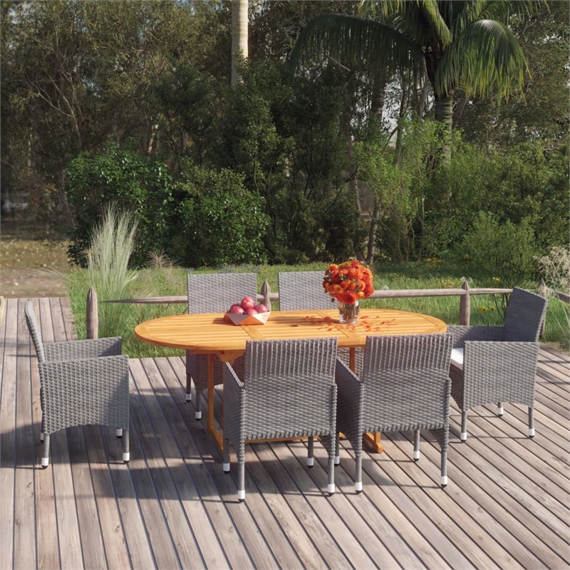 Bowery Hill Solid Acacia Wood/PE Rattan Standard Durable Dining Set in Gray