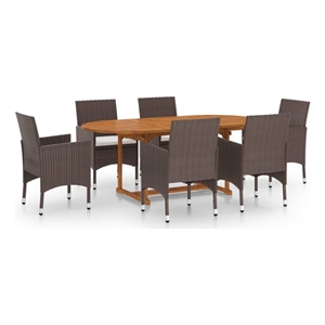 Bowery Hill Solid Acacia Wood/PE Rattan Large Dining Set in Brown & Cream White