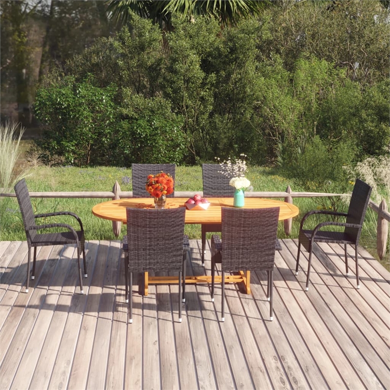 Bowery Hill Solid Acacia Wood & PE Rattan Dining Set in Black