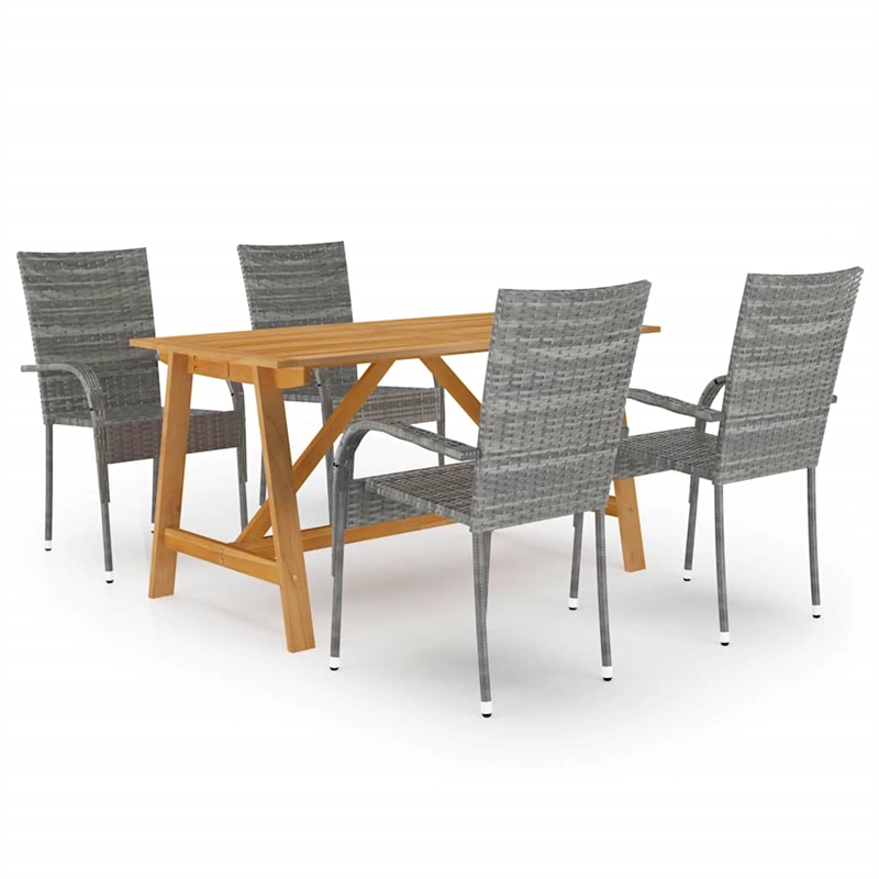Bowery Hill Solid Acacia Wood/PE Rattan/Powder-Coated Steel Dining Set in Gray
