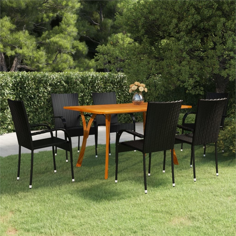 Bowery Hill Solid Acacia Wood/PE Rattan 7 Piece Stackable Dining Set in Black