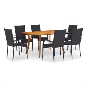 Bowery Hill Solid Acacia Wood/PE Rattan 7 Piece Stackable Dining Set in Black
