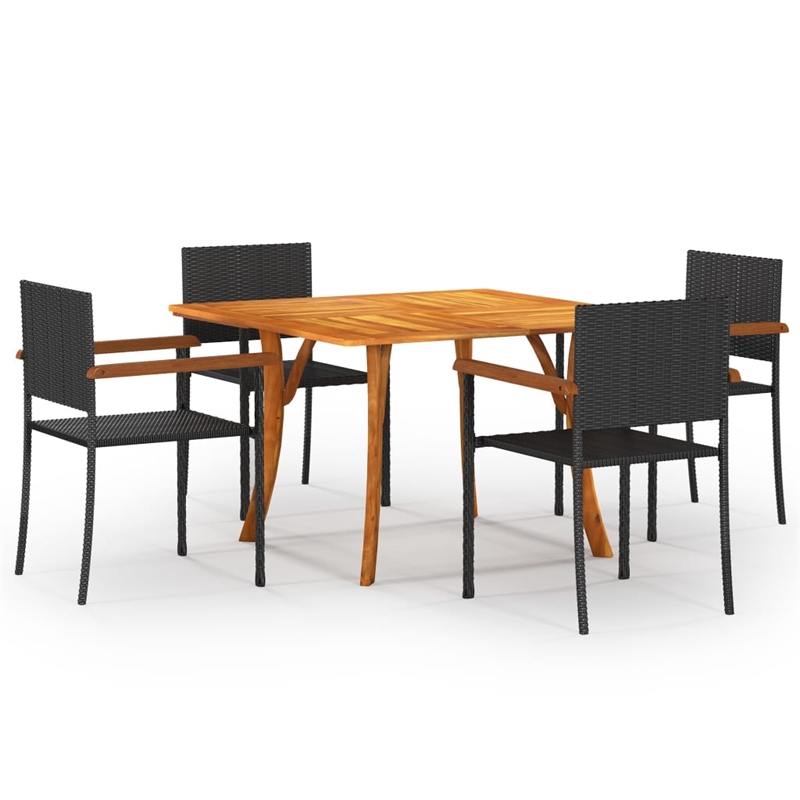 Bowery Hill Solid Acacia Wood & PE Rattan Dining Set in Black