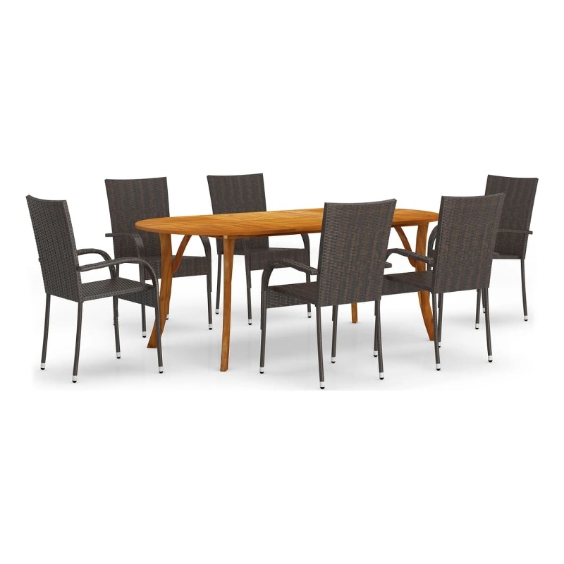 Bowery Hill Contemporary Solid Acacia Wood/PE Rattan Dining Set in Brown
