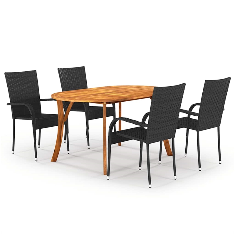 Bowery Hill Solid Acacia Wood & PE Rattan Dining Set in Black