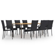 Bowery Hill Solid Acacia Wood/Powder-Coated Steel/PE Rattan Dining Set in Black