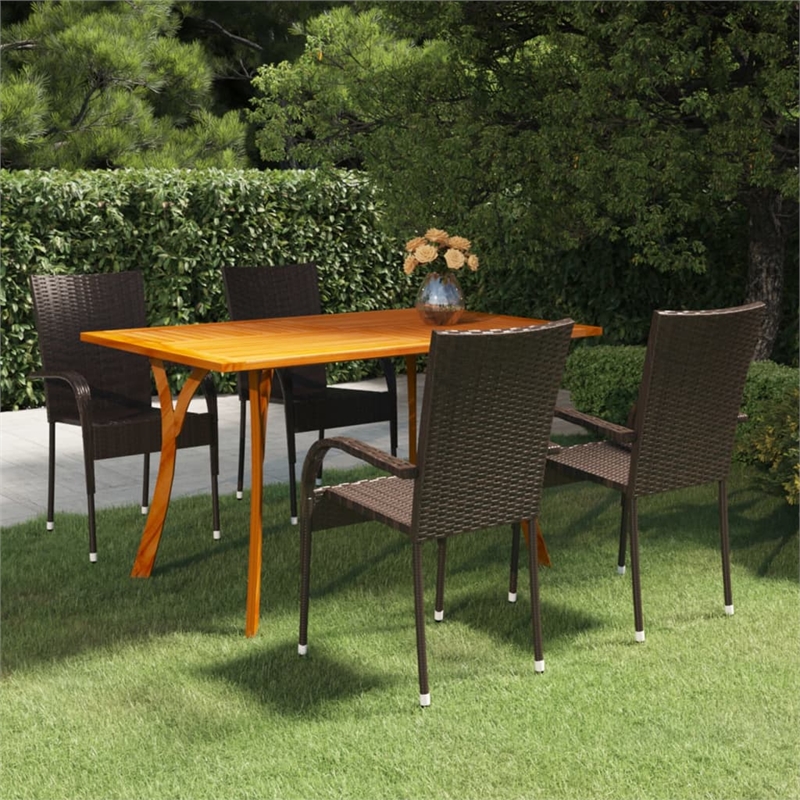 Bowery Hill Contemporary Solid Acacia Wood/PE Rattan Dining Set in Brown