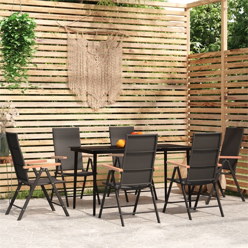 Bowery Hill PE Rattan 7 Piece Foldable Garden Dining Set in Black