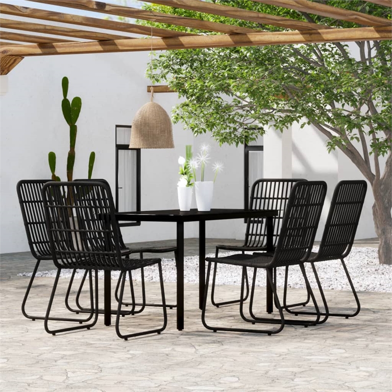 Bowery Hill Powder-Coated Steel & PE Rattan 7 Piece Dining Set in Black