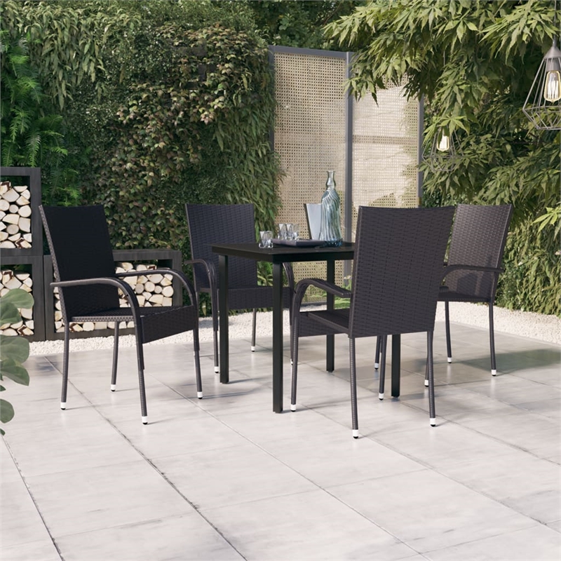 Bowery Hill PE Rattan/Powder-Coated Steel/Glass Garden Dining Set in Black