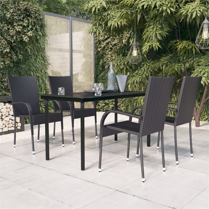Bowery Hill PE Rattan/Powder-Coated Steel/Glass Garden Dining Set in Black