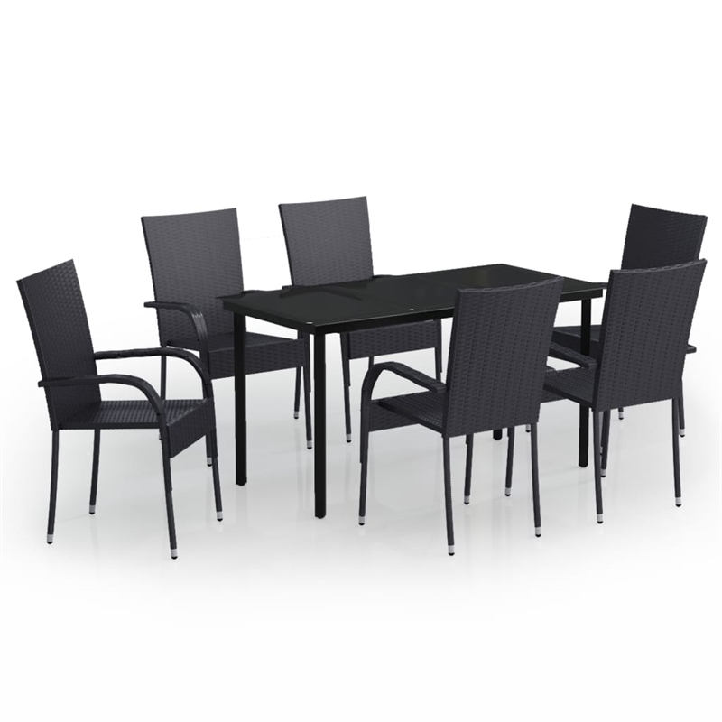 Bowery Hill PE Rattan/Powder-Coated Steel/Glass Garden Dining Set in Black