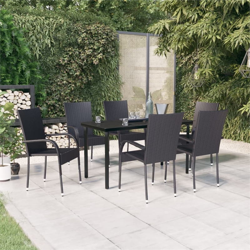 Bowery Hill PE Rattan/Powder-Coated Steel/Glass Garden Dining Set in Black