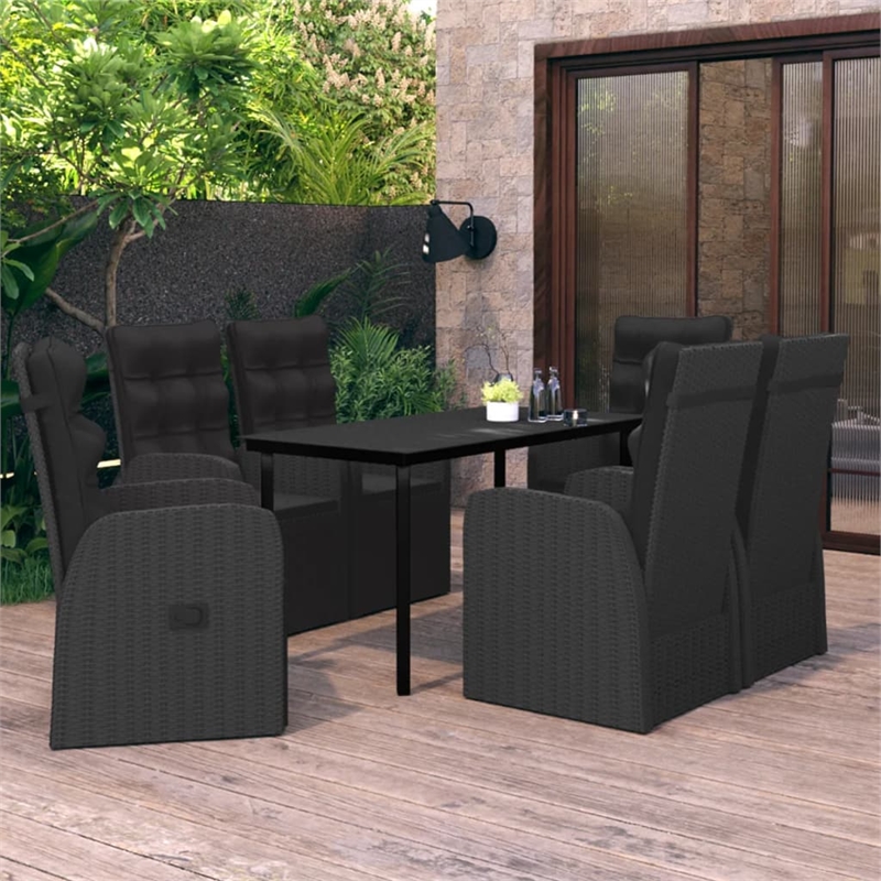 Bowery Hill PE Rattan/Powder-Coated Steel/Glass Garden Dining Set in Black