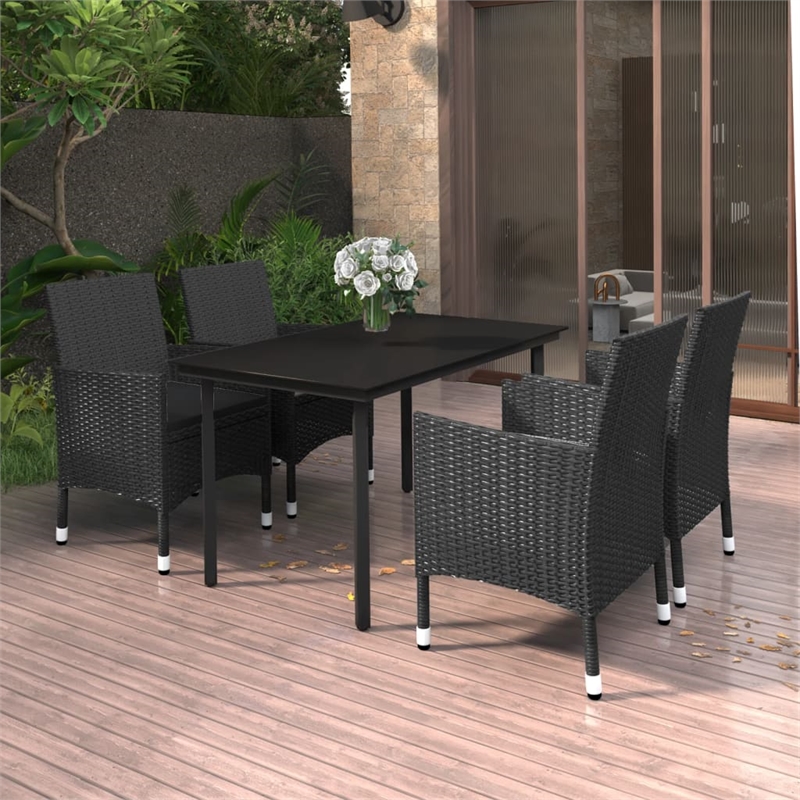 Bowery Hill Contemporary PE Rattan Durable Garden Dining Set in Black