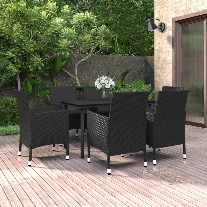 Bowery Hill Contemporary PE Rattan 7 Piece Garden Dining Set in Black